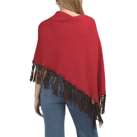 TESMA Rosso Made In Italy Cashmere And Wool Blend Poncho With Suede Fringe - Picture 2 of 2
